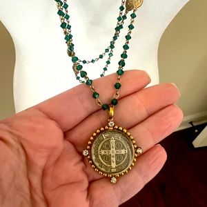 Virgins, Saints & Angels VSA Necklace.  Green with Medallion.  Gold plated.